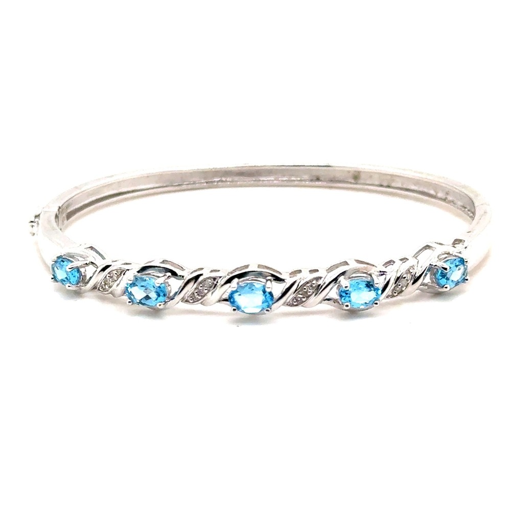 Sterling Silver 925 Blue Topaz Diamond Hinged Bangle Bracelet 7 Inch 13g